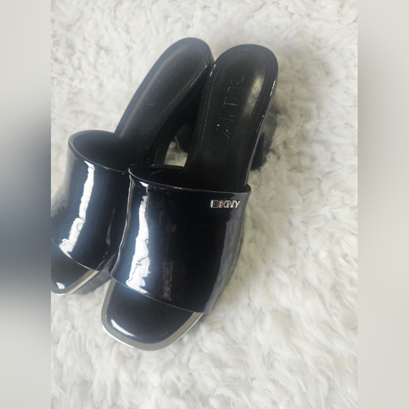 Dkny Shoes - DKNY Glossy Black Mules with Silver Accents
